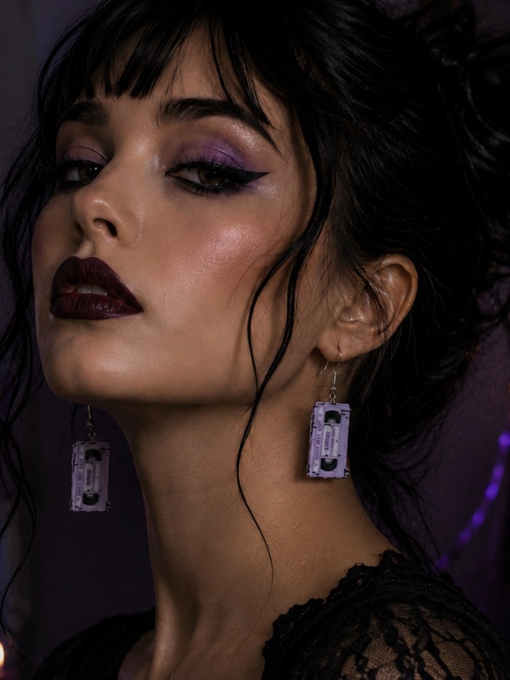 Halloween Earrings Horror Movie Night VHS Dangle Drop Hook Purple Black NWT
